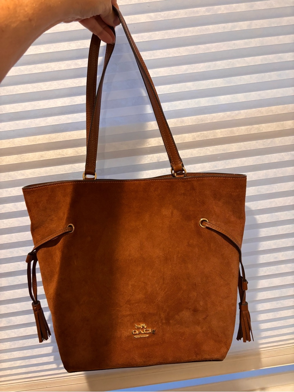 Coach Andy Chestnut Suede Tote with Tassel Accents